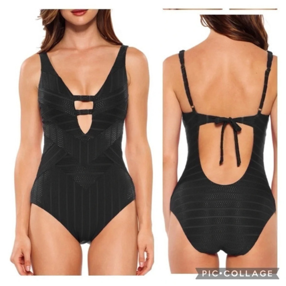 BECCA Textured Adjustable Strap Plunge One Piece swimsuit size M